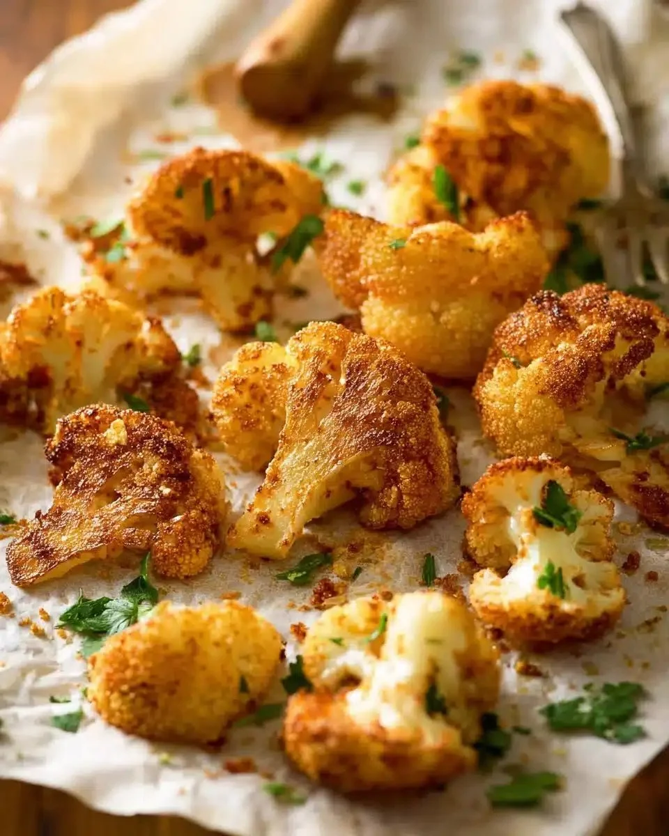 Parmesan-crusted roasted cauliflower on a plate with herbs