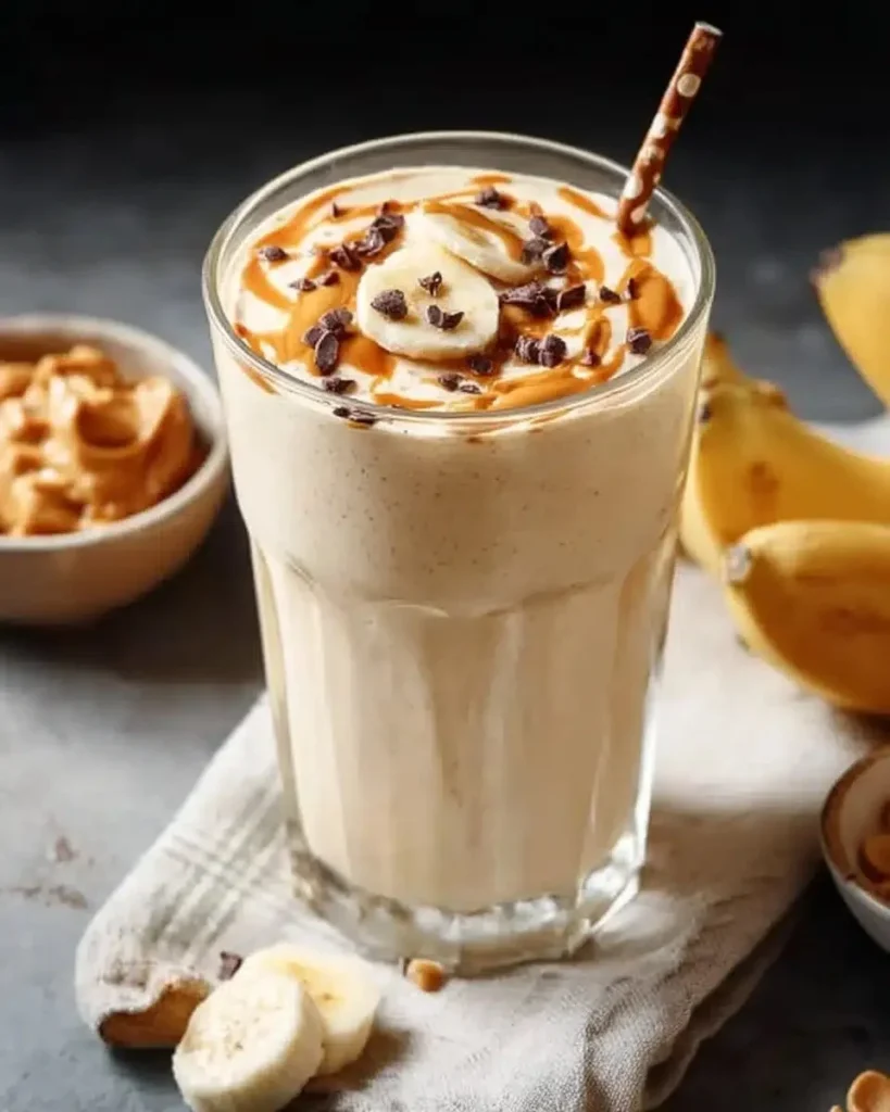 Creamy Peanut Butter Banana Smoothie in a glass with bananas and peanut butter on the side.
