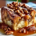 Pecan pie bread pudding served in a rustic dish, perfect for the holiday season.