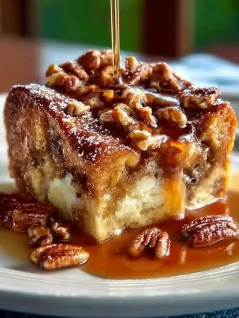 Pecan pie bread pudding served in a rustic dish, perfect for the holiday season.
