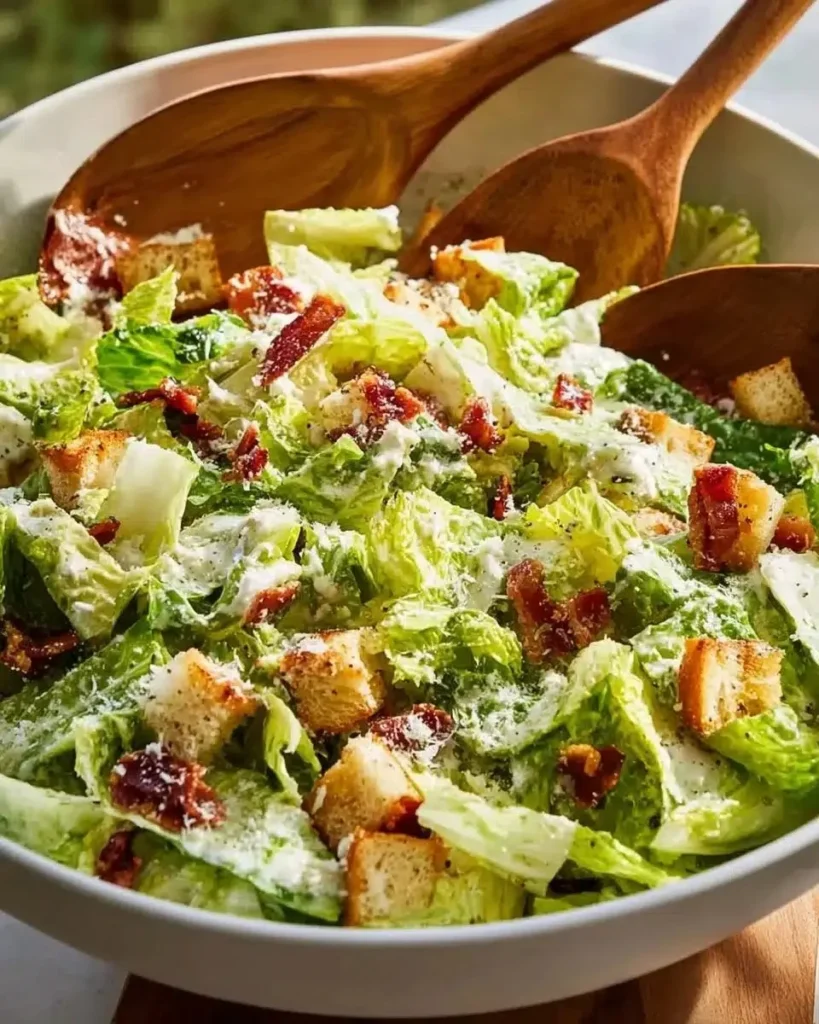 Delicious Caesar salad topped with homemade dressing and croutons