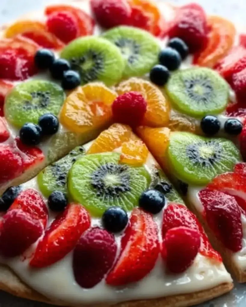 Delicious homemade fruit pizza topped with fresh fruits and cream cheese