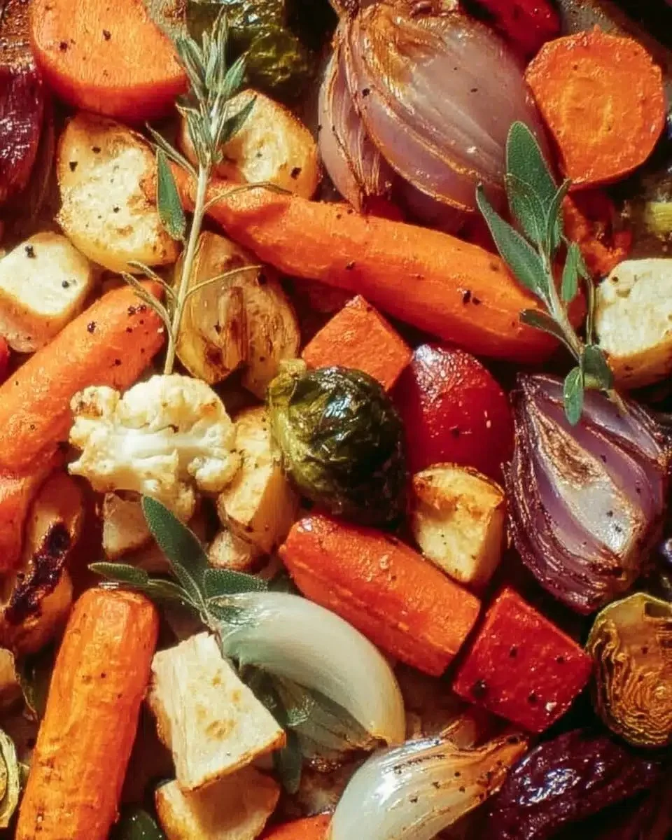 Bowl of perfectly roasted vegetables including carrots, bell peppers, and zucchini.