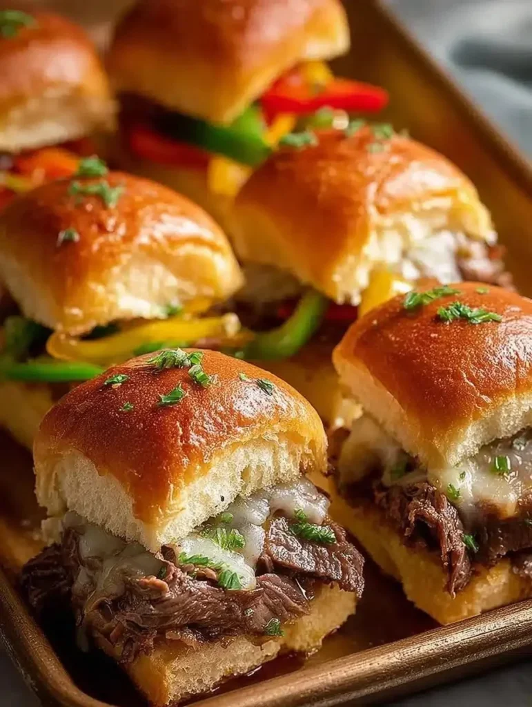 Plated Philly Cheesesteak sliders garnished with toppings, perfect for parties.