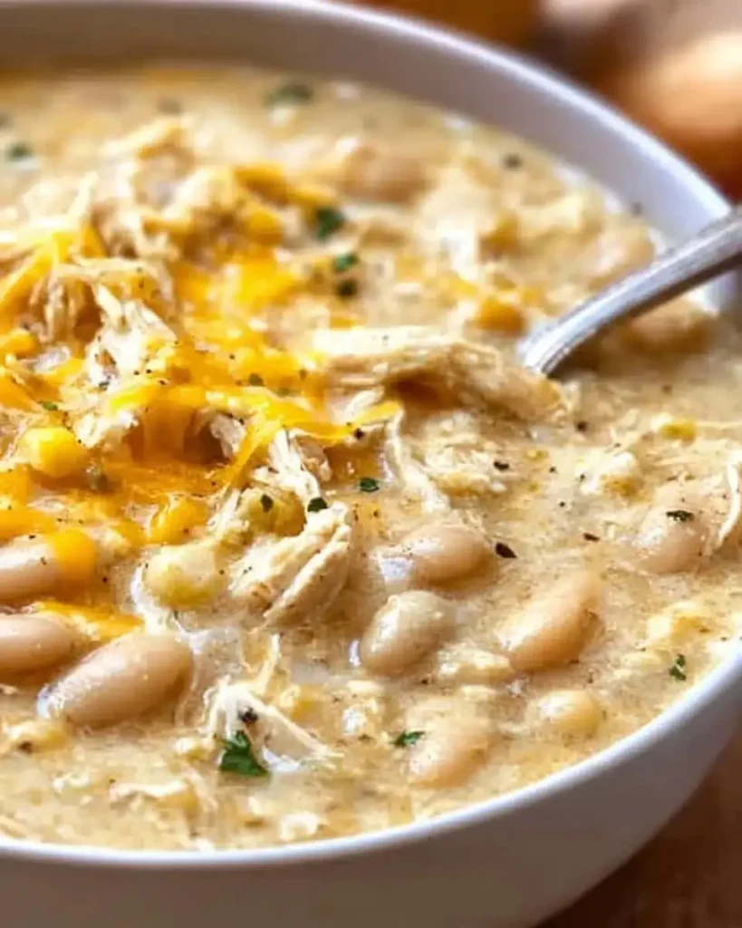 A bowl of quick and easy white chicken chili garnished with cilantro.