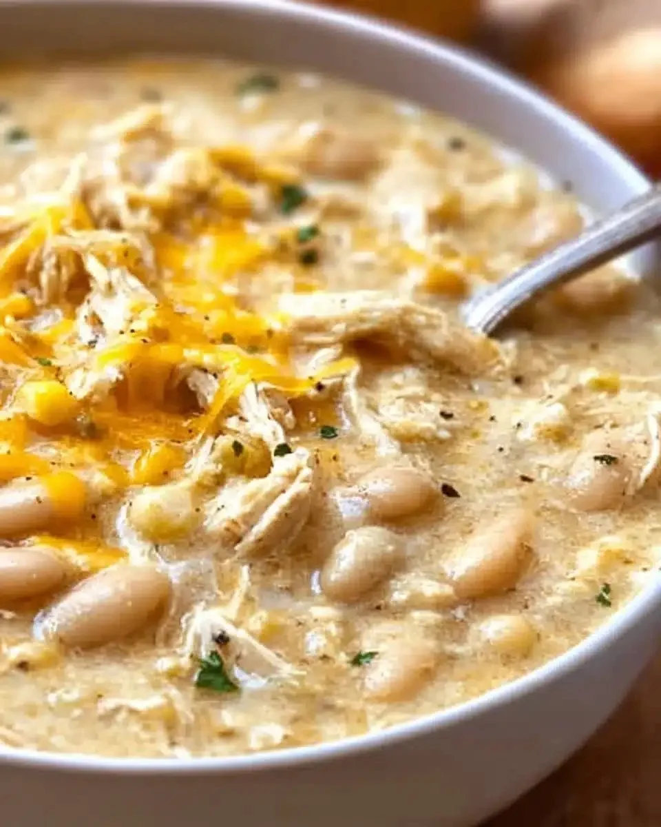 A bowl of quick and easy white chicken chili garnished with cilantro.