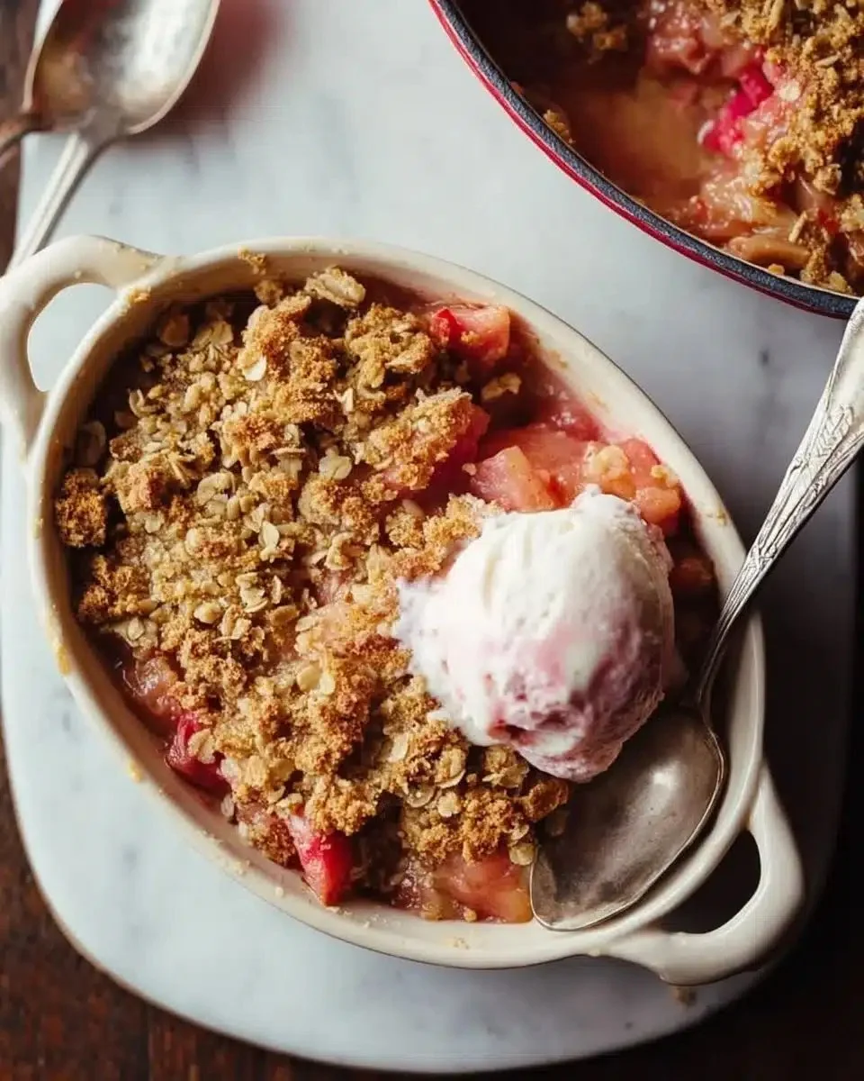 Rhubarb Crisp 1 Delicious rhubarb crisp dessert with a golden crumb topping and fresh rhubarb.