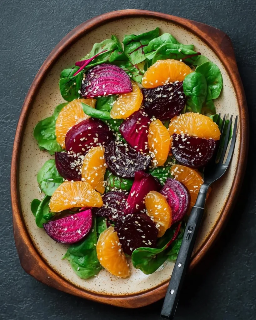 Roasted beet and citrus salad topped with toasted sesame seeds