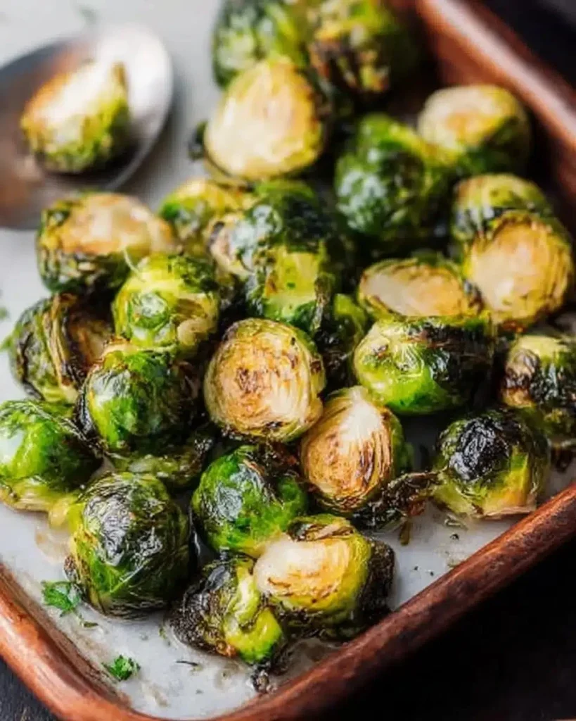 A plate of delicious roasted Brussels sprouts, golden and tender, ready to serve.