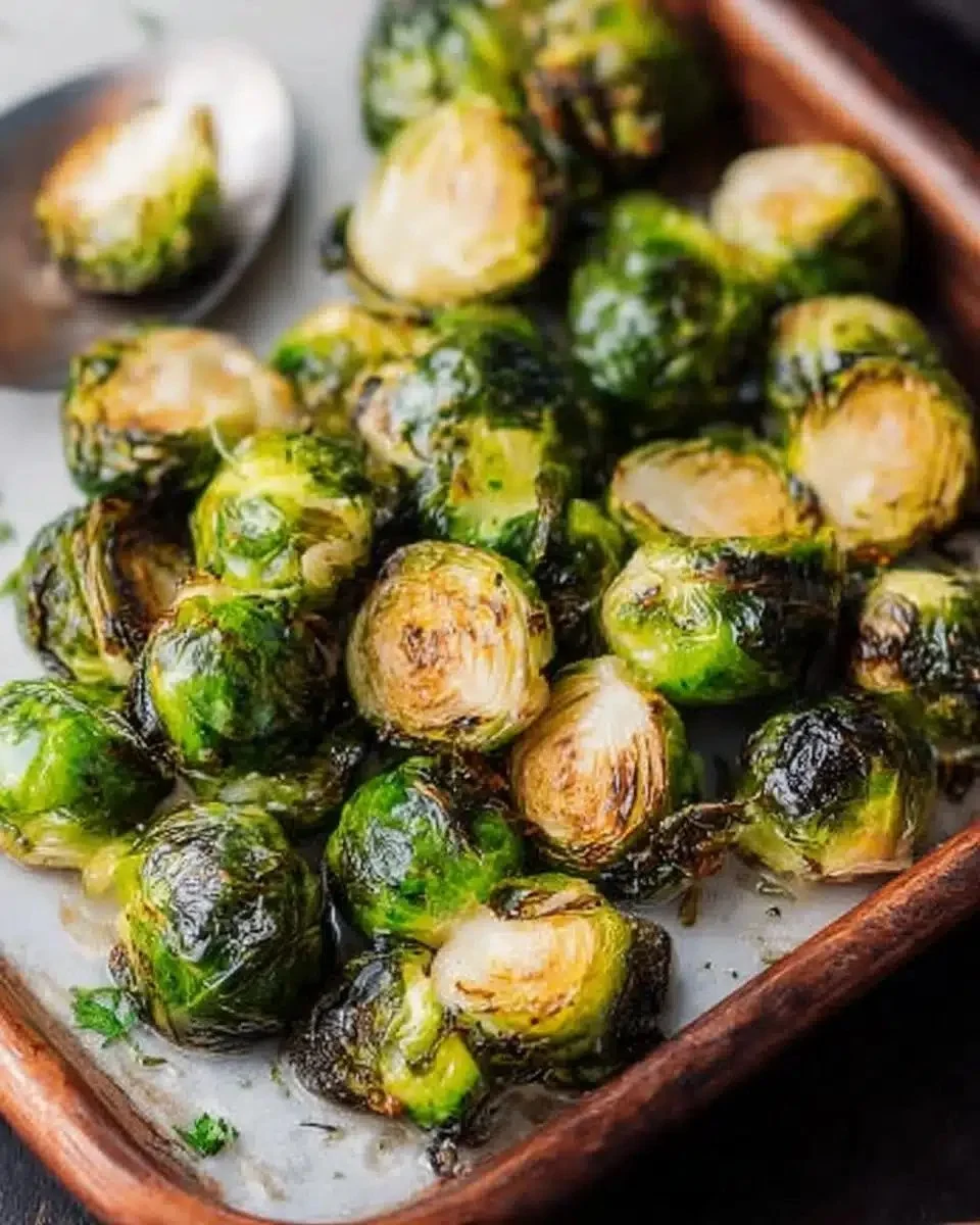 Roasted Brussels Sprouts 1 A plate of delicious roasted Brussels sprouts, golden and tender, ready to serve.