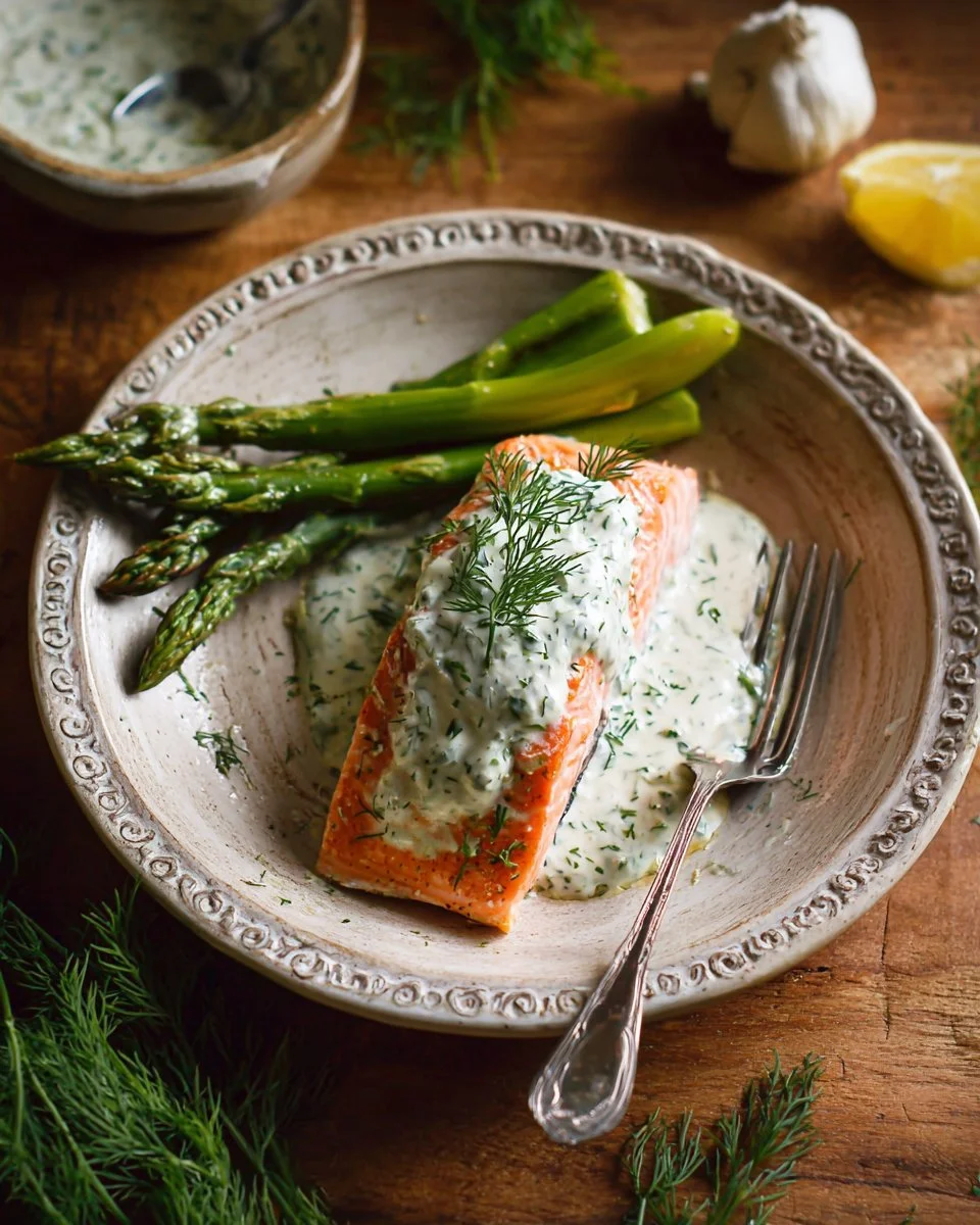 Grilled salmon fillet served with creamy dill sauce on a white plate.