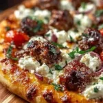 Sliced Sausage Feta Pizza garnished with fresh herbs