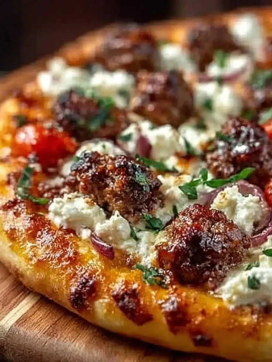 Sausage Feta Pizza 1 Sliced Sausage Feta Pizza garnished with fresh herbs