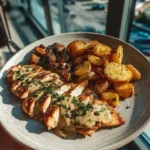 Delicious seasoned grilled chicken wings served with sides on a wooden platter.