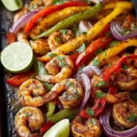Delicious sheet pan shrimp fajitas served with fresh vegetables and tortillas