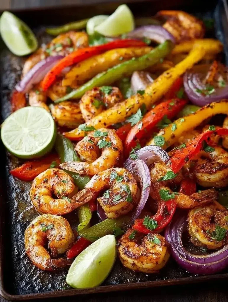 Delicious sheet pan shrimp fajitas served with fresh vegetables and tortillas