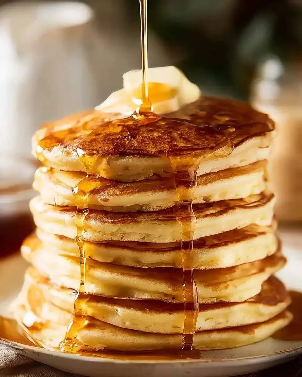 Stack of simple fluffy pancakes with syrup and berries on a plate.
