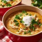 Bowl of simple keto white chicken chili topped with fresh herbs