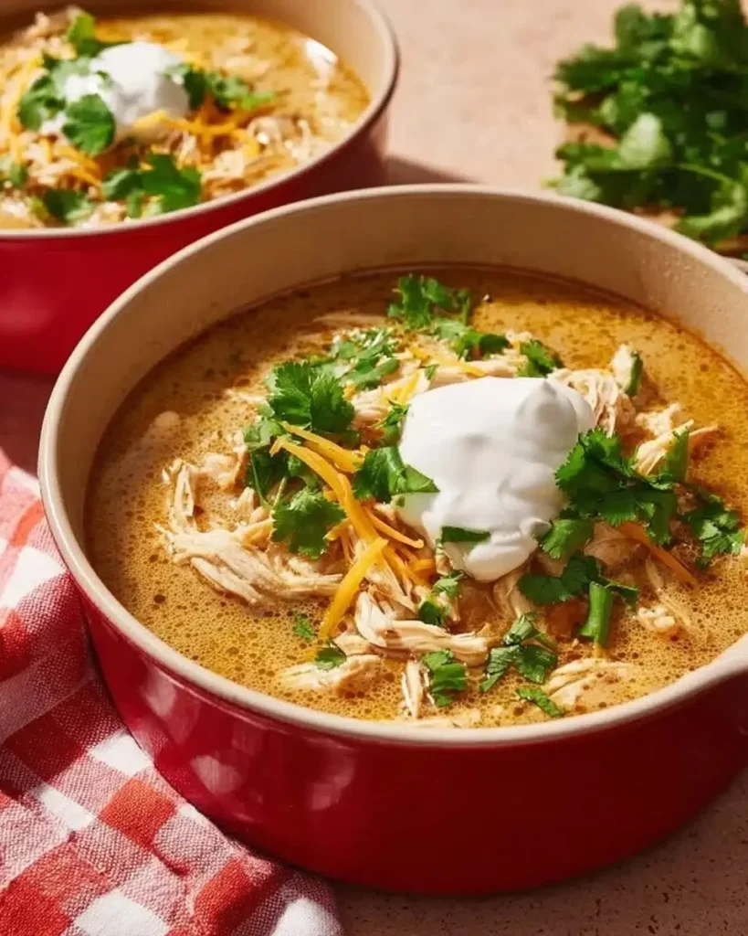 Bowl of simple keto white chicken chili topped with fresh herbs