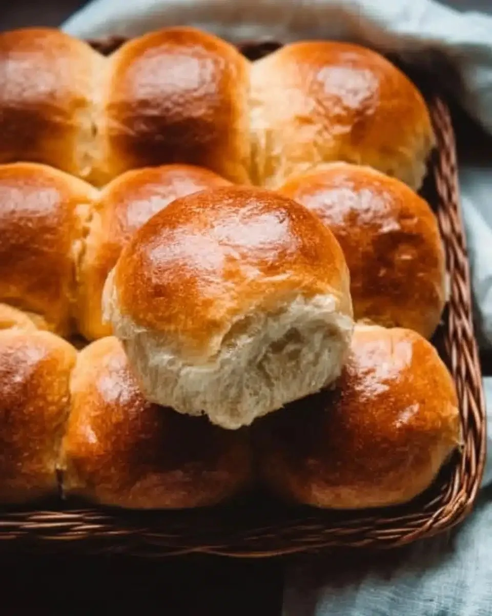 Freshly baked soft dinner rolls served on a rustic wooden table