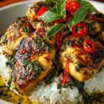 Delicious Spiced Coconut Basil Chicken served on a plate with herbs