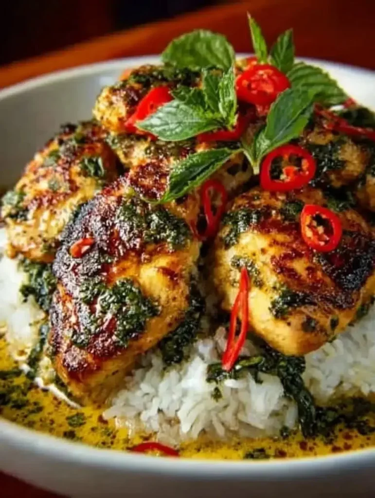 Delicious Spiced Coconut Basil Chicken served on a plate with herbs