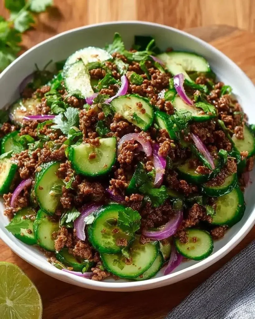 Spicy Korean ground beef served with a crisp cucumber salad.