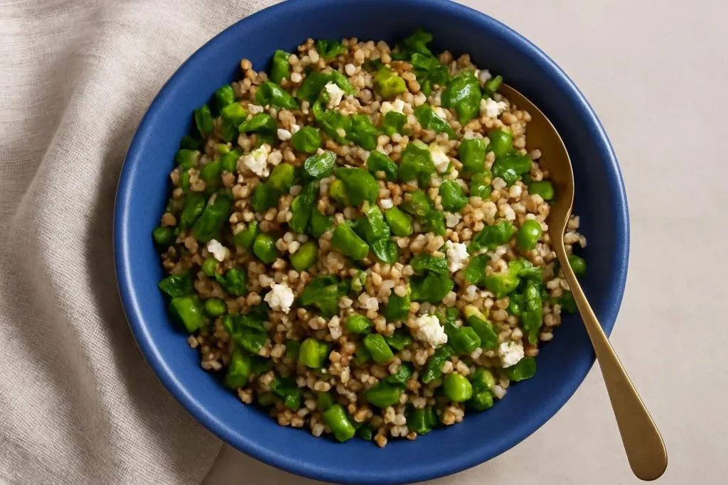 Delicious Spring Pea Farro Salad with fresh peas and vibrant veggies