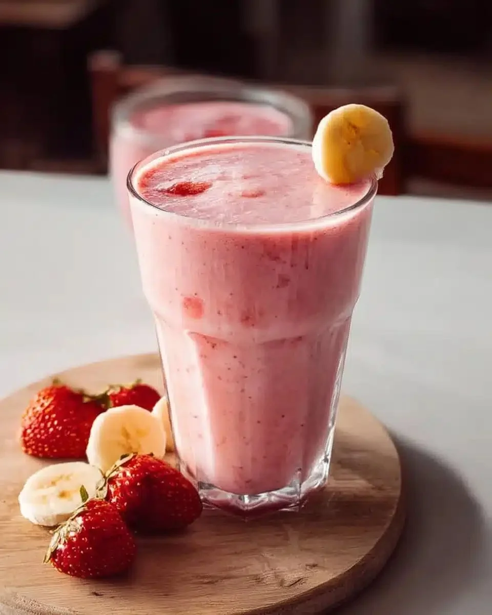 Creamy strawberry banana smoothie in a glass with fresh strawberries and bananas