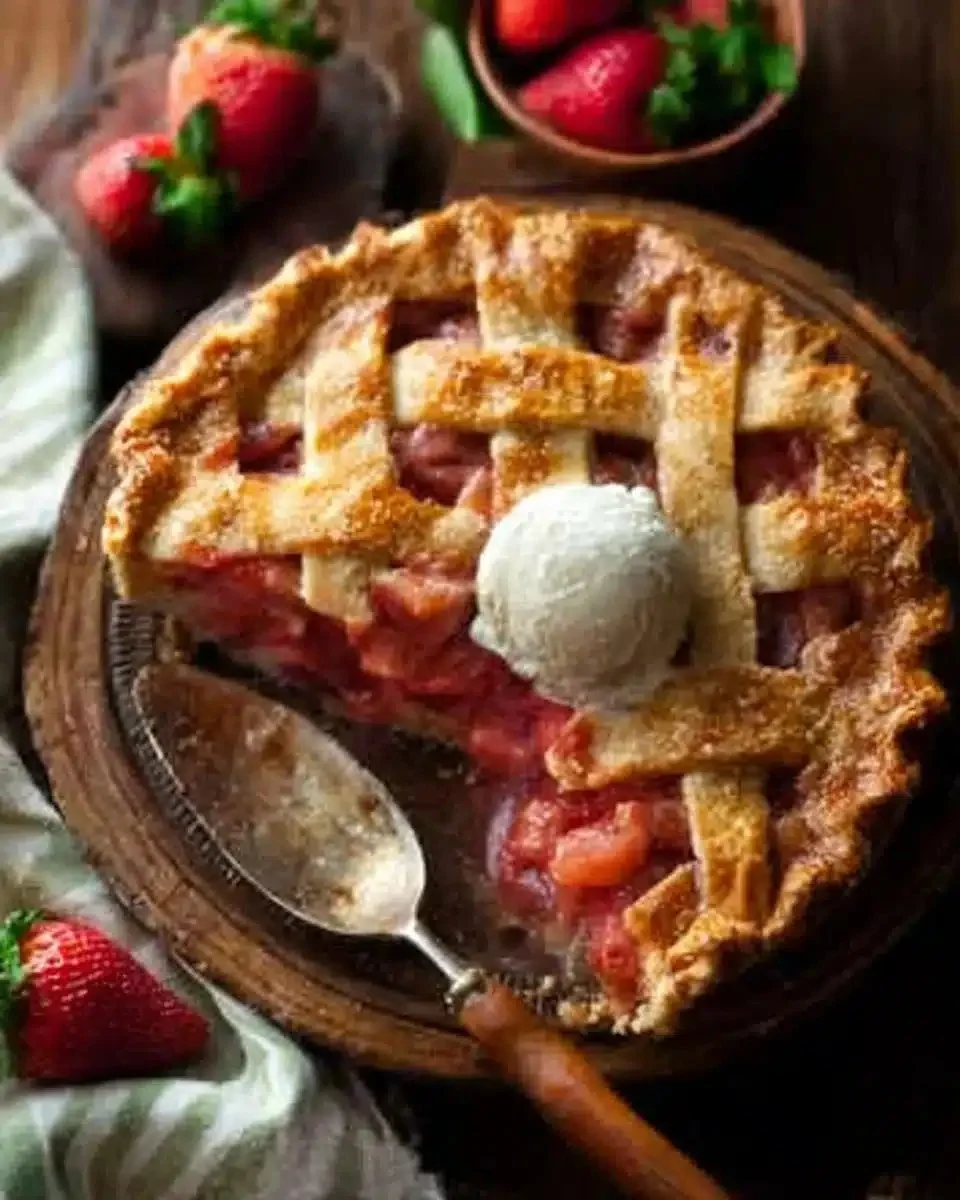 Strawberry Rhubarb Pie with Flaky Crust 1 Delicious Strawberry Rhubarb Pie with Flaky Crust on a rustic table