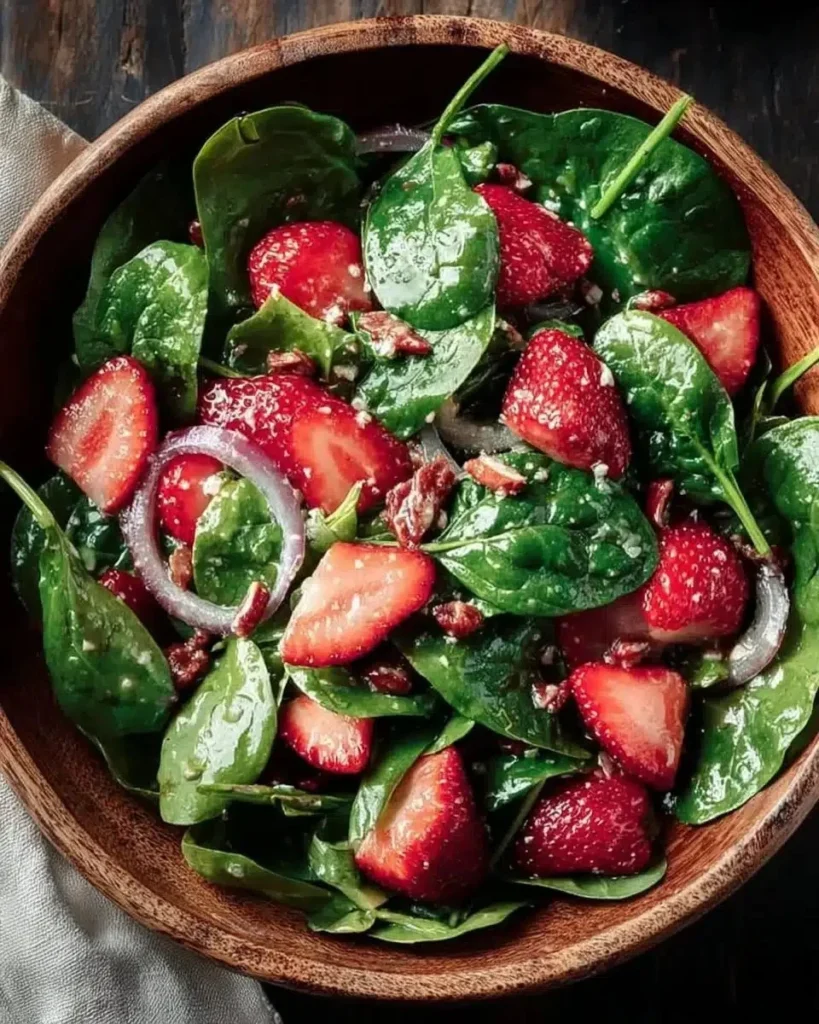Fresh strawberry spinach salad with berries and greens in a bowl