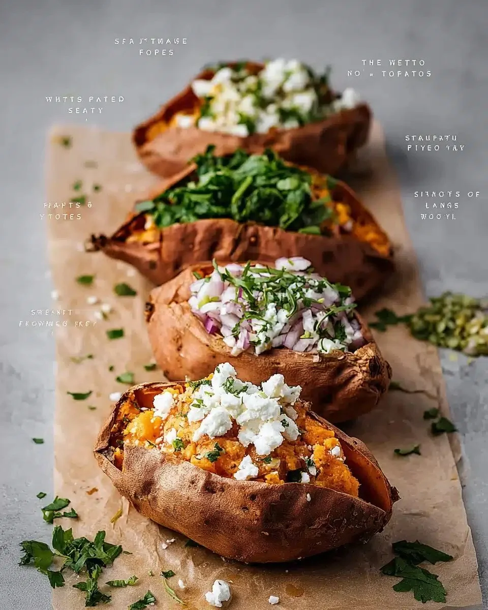 Stuffed sweet potatoes with black beans and feta cheese served on a plate.