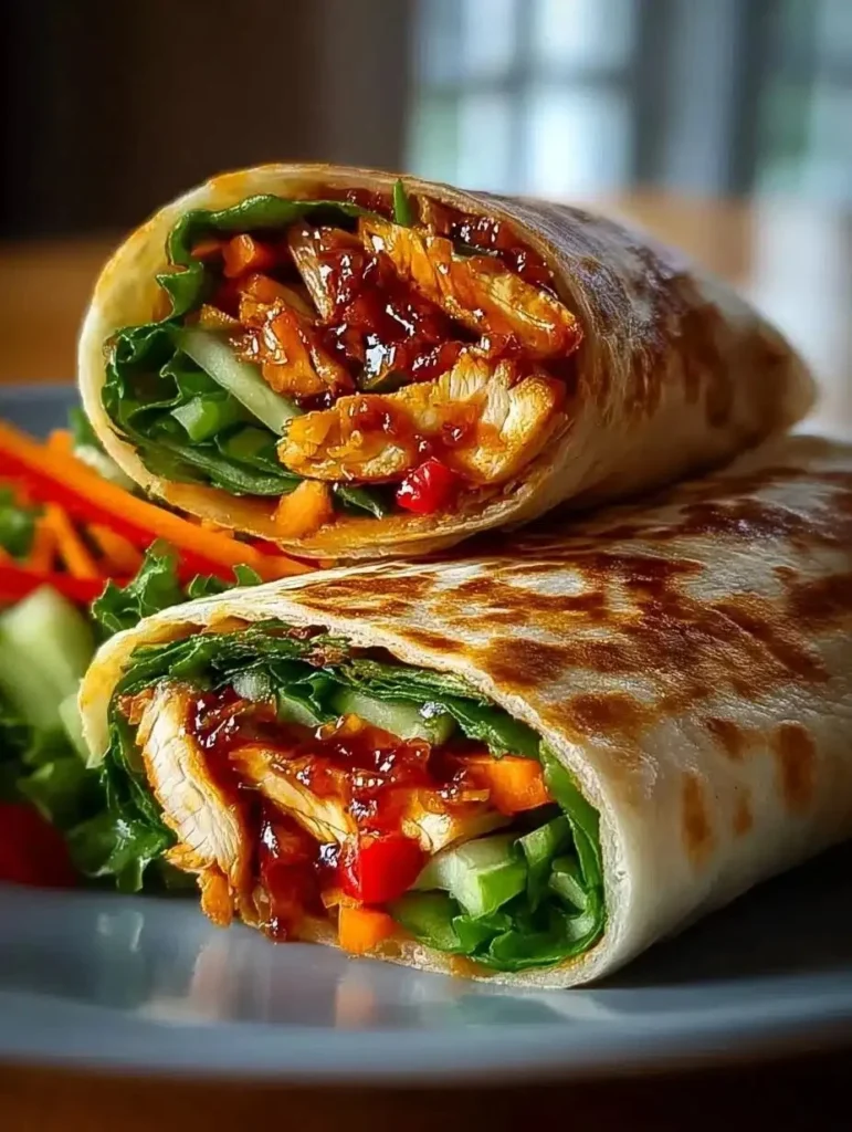 Delicious sweet chili chicken wraps served on a plate.