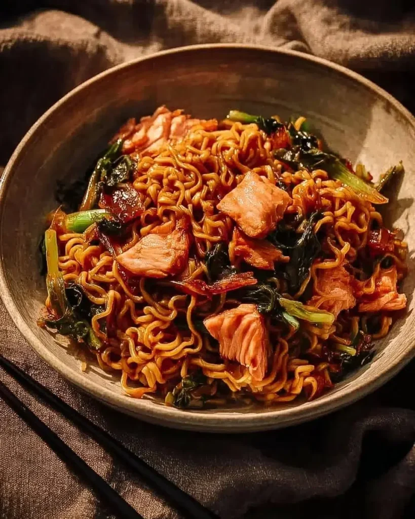 Delicious teriyaki salmon noodles with sesame veggies on a plate