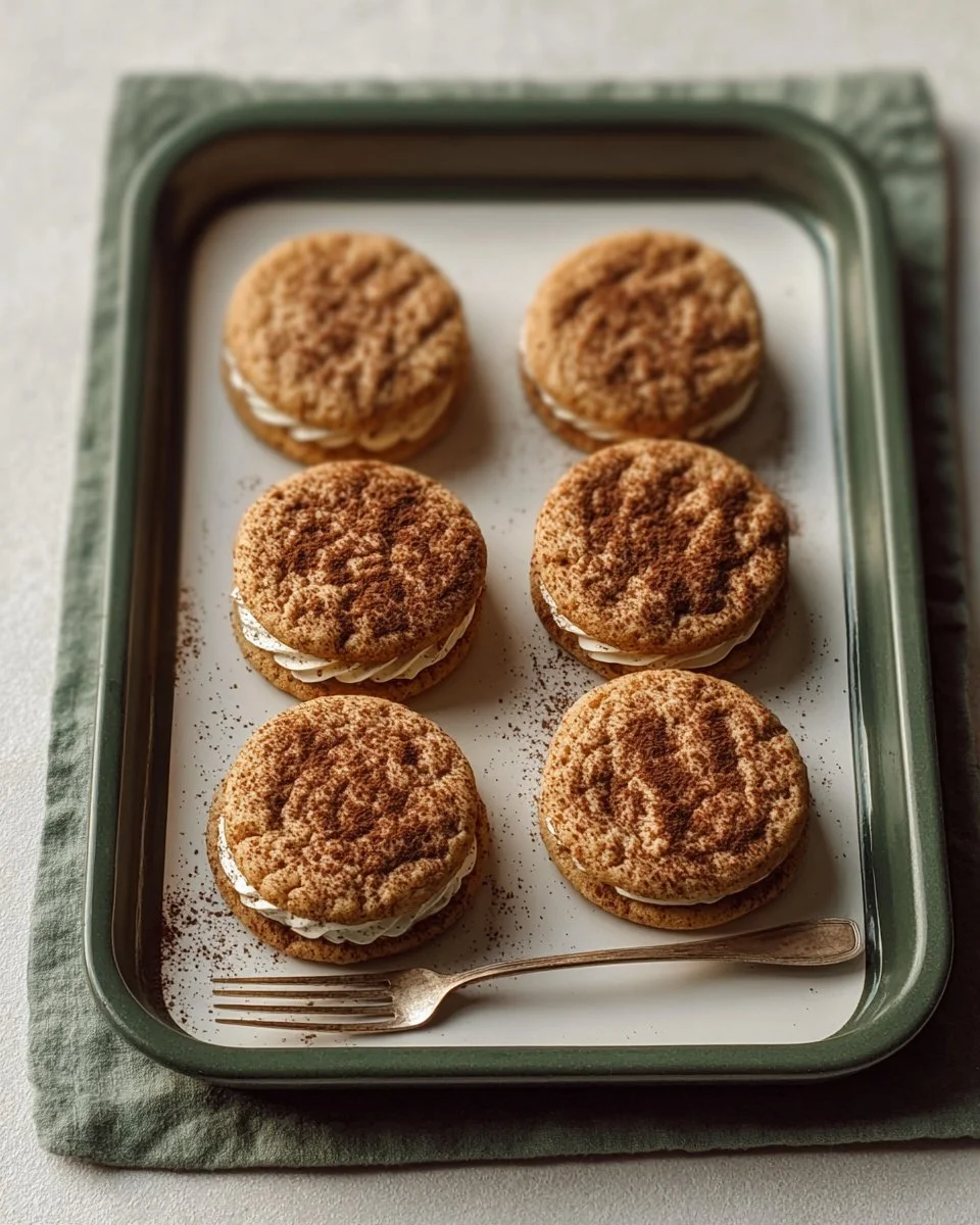 Freshly baked tiramisu cookies on a rustic wooden table