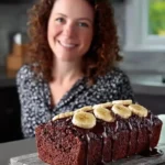 Slice of moist triple chocolate banana bread with chocolate chips