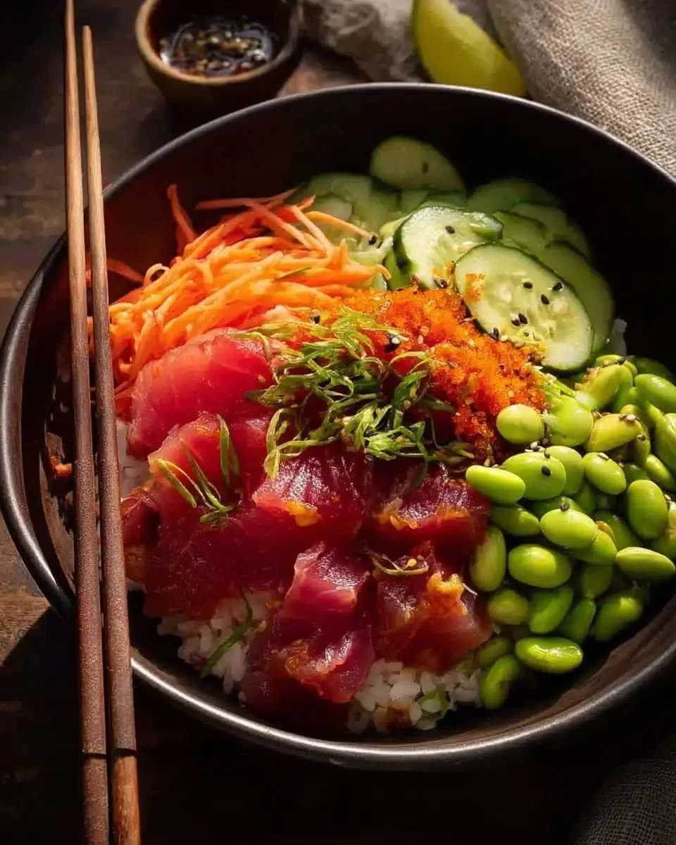 Tuna Poke Bowl 1 A vibrant Tuna Poke Bowl featuring fresh tuna, rice, and colorful toppings.