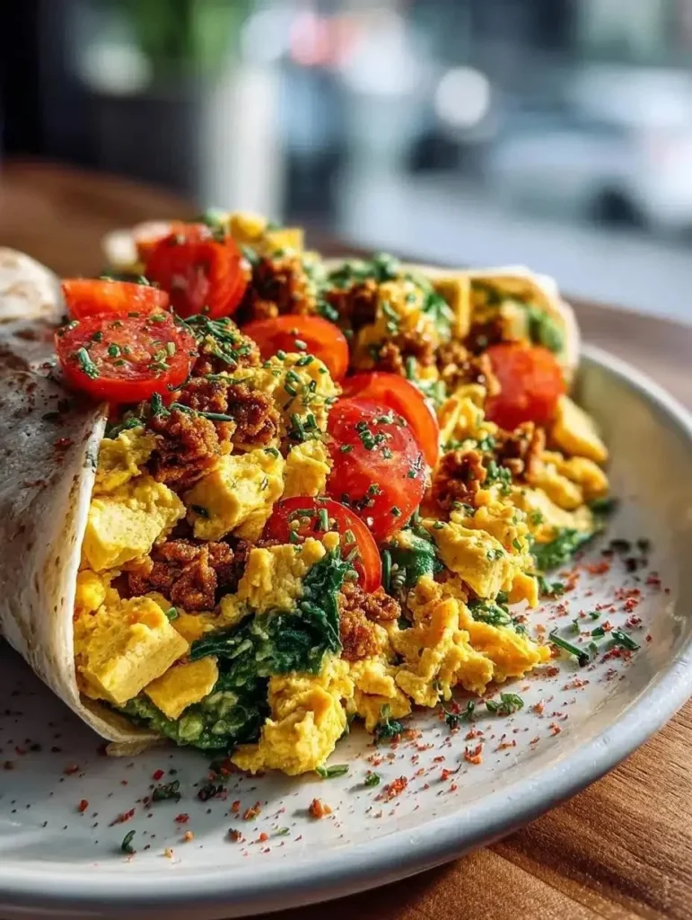 Vegan tofu scramble served on a plate with fresh vegetables and herbs.