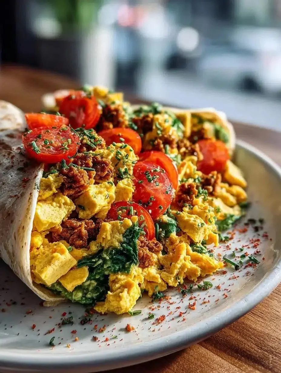 Vegan tofu scramble served on a plate with fresh vegetables and herbs.