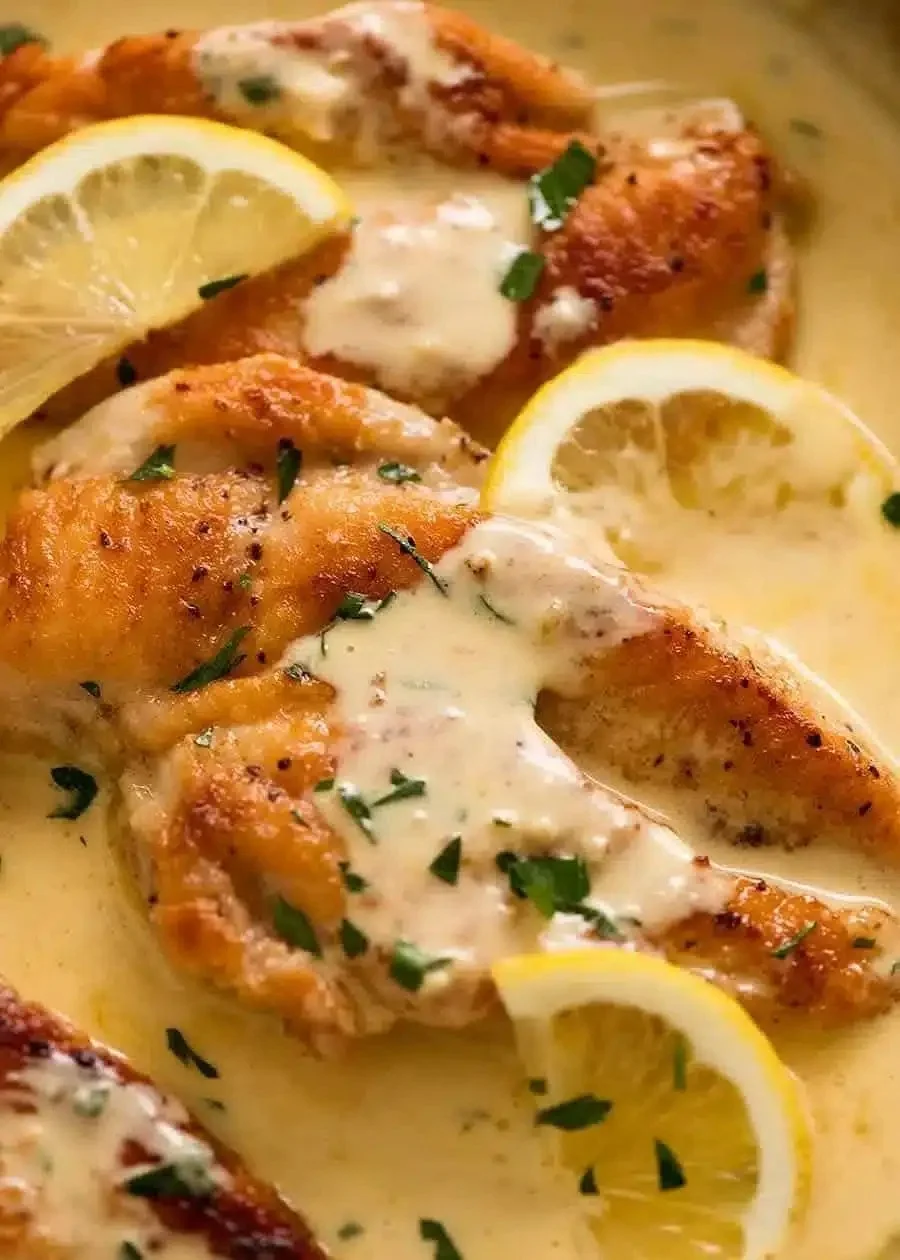 Zesty pan-roasted chicken served with creamy lemon sauce on a plate