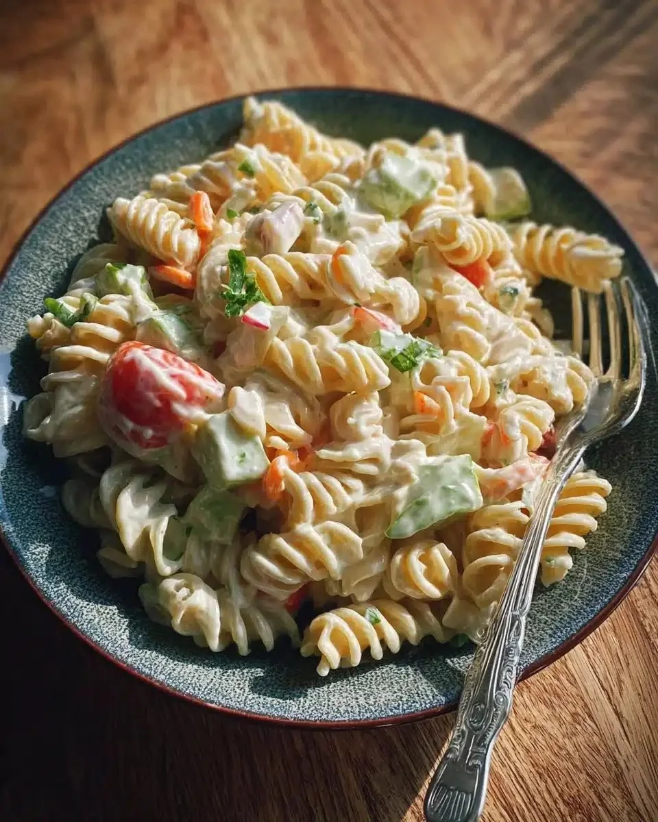 Creamy pasta salad with vegetables in a bowl, perfect for summer picnics