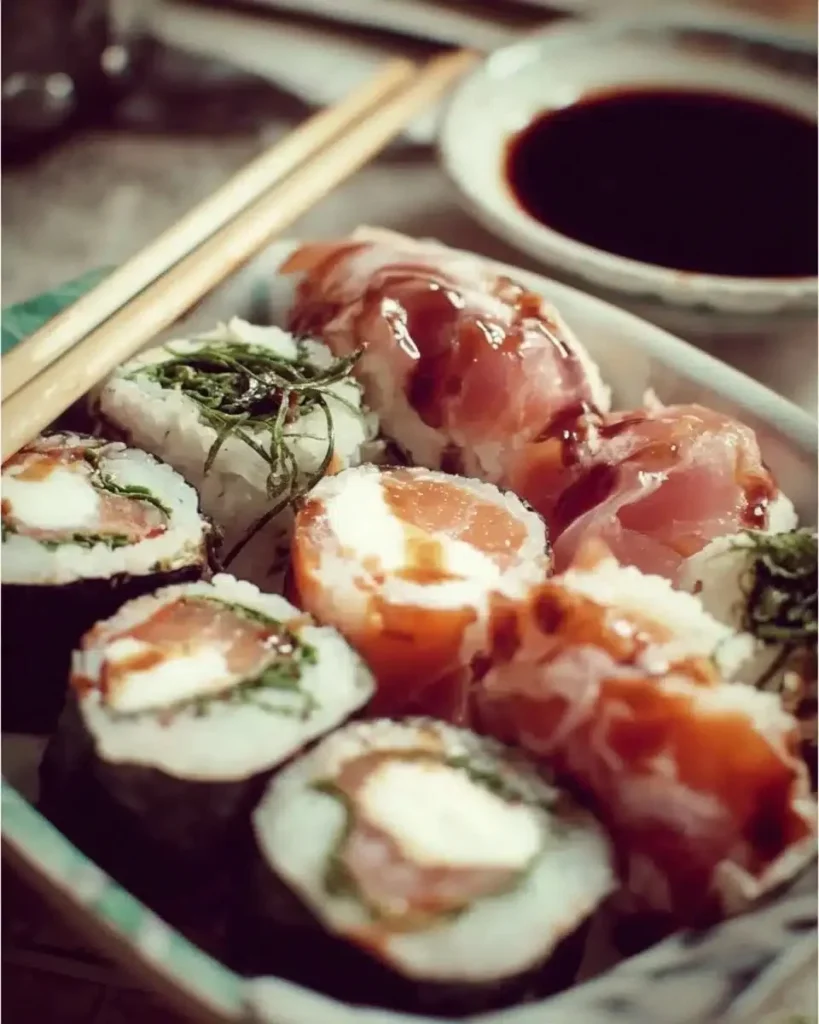 Plate of innovative Italian sushi featuring fresh ingredients and artistic presentation.
