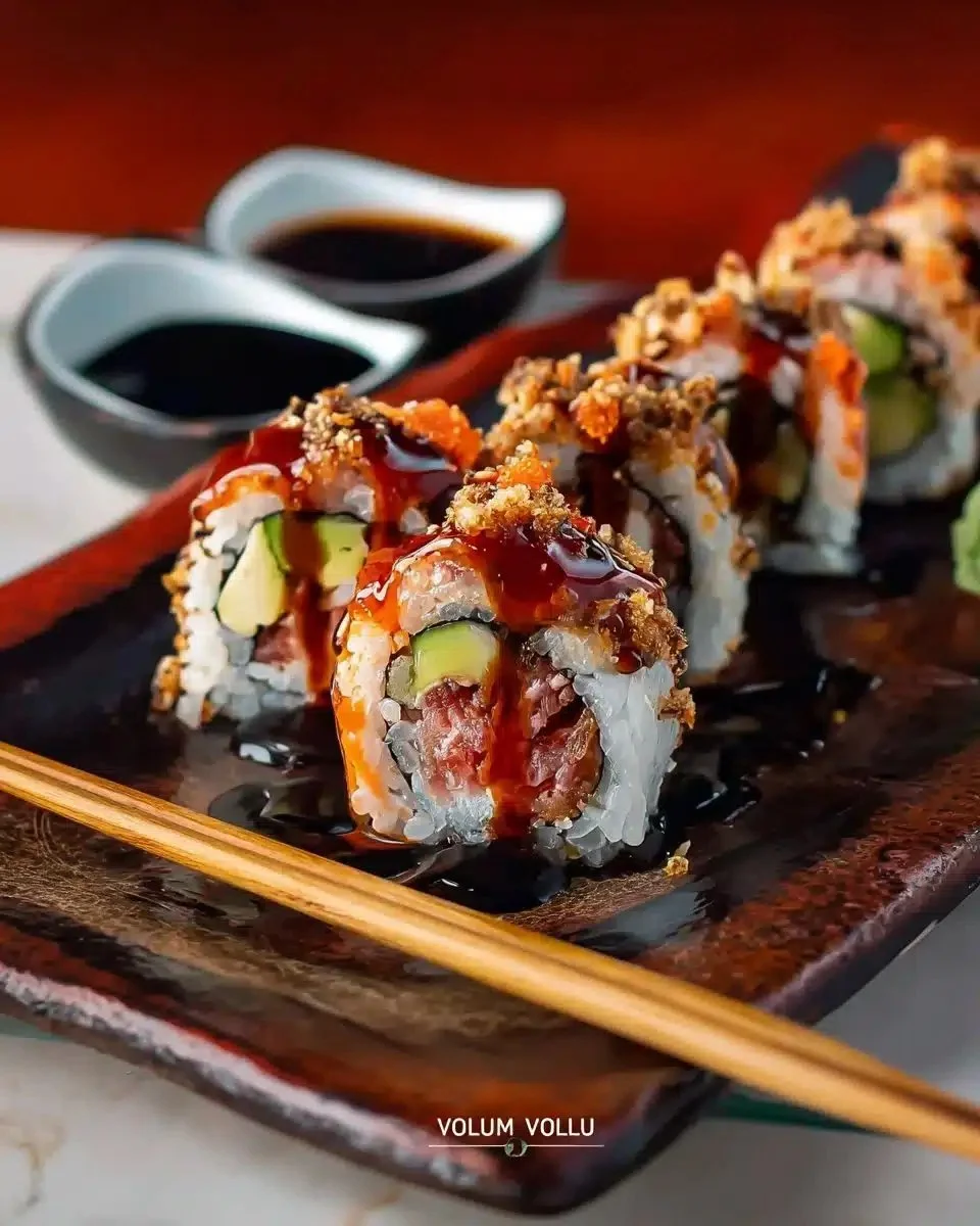 Delicious Volcano Roll sushi served with spicy sauces and garnishes.