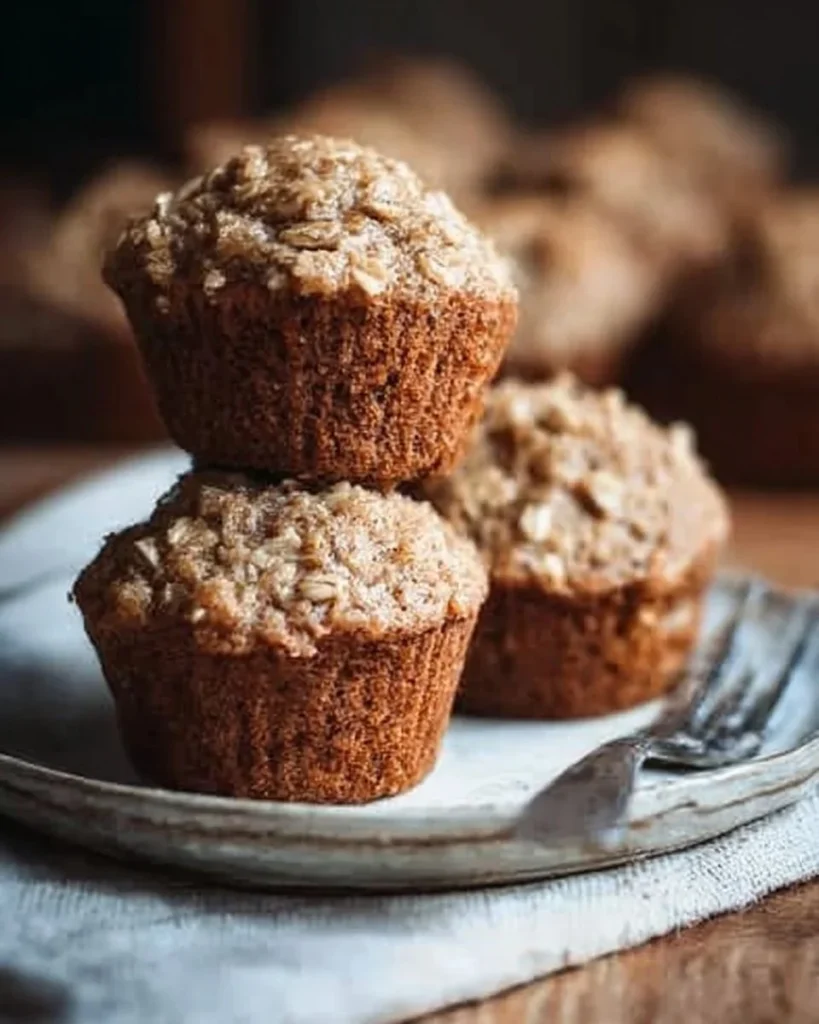 Homemade applesauce-infused oatmeal muffins on a rustic wooden table.