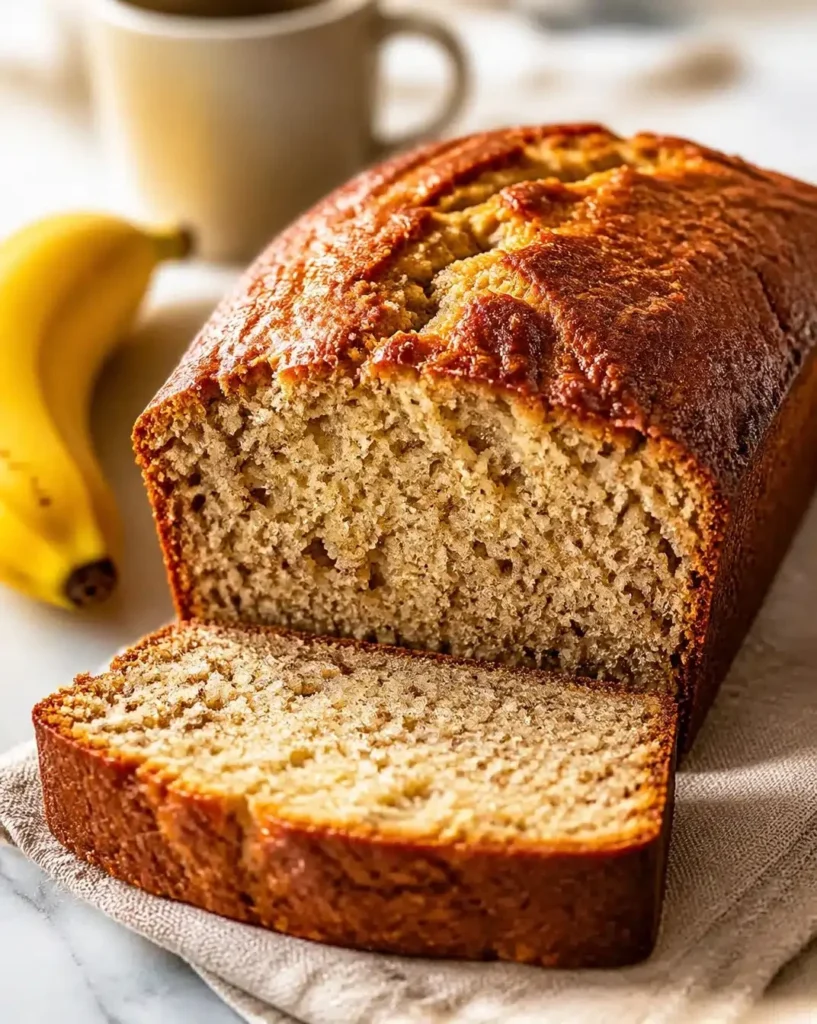 Loaf of sourdough banana bread made with starter discard and ripe bananas