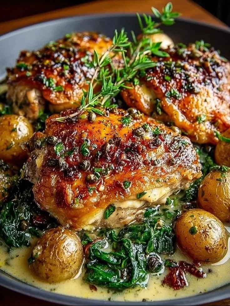 Plate of Chicken Vesuvio with herbs and potatoes garnished.