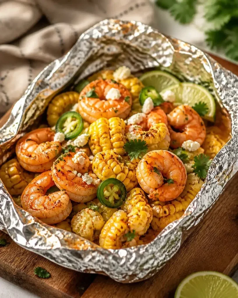 Citrus Shrimp and Street Corn Foil Packets ready to cook on the grill.