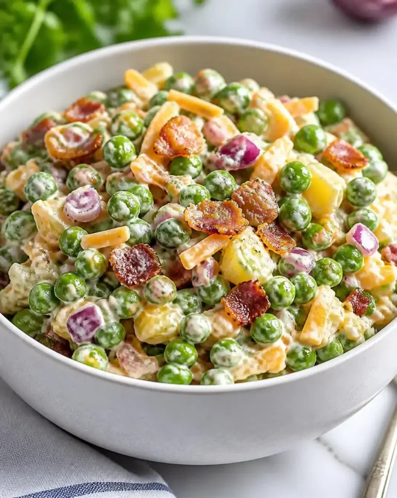 Classic English Pea Salad served in a bowl with fresh ingredients