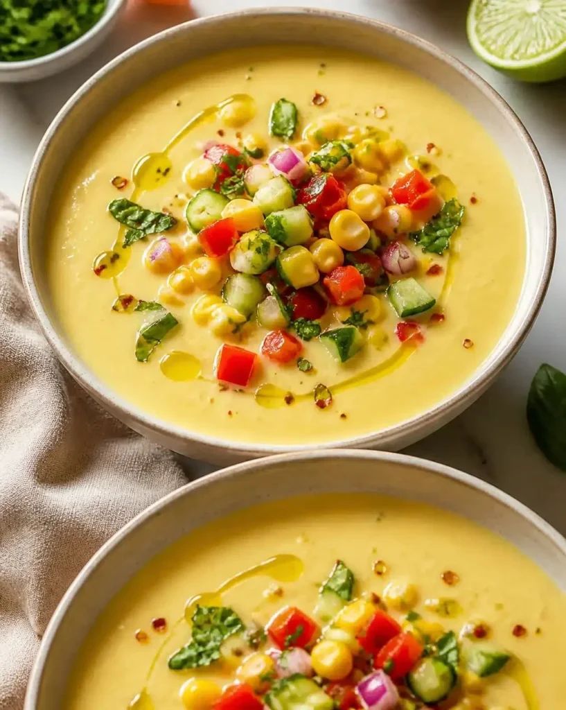 Bowl of cold sweet corn gazpacho garnished with herbs