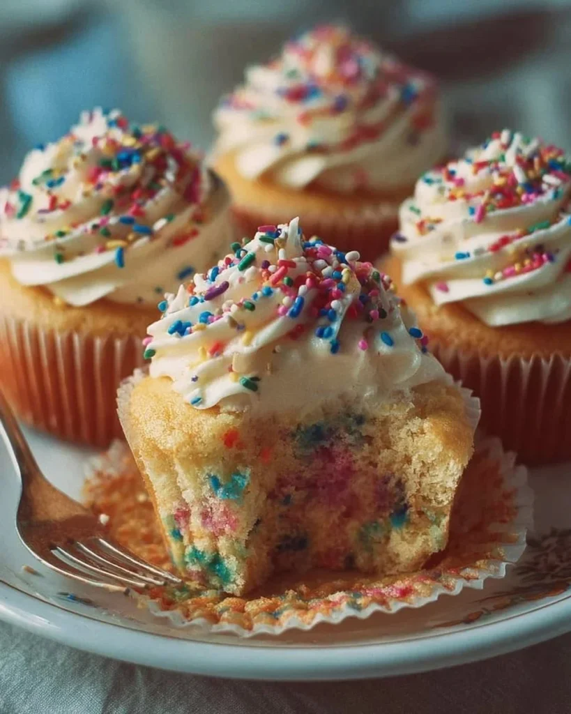 Colorful confetti cupcakes topped with sprinkles and frosting